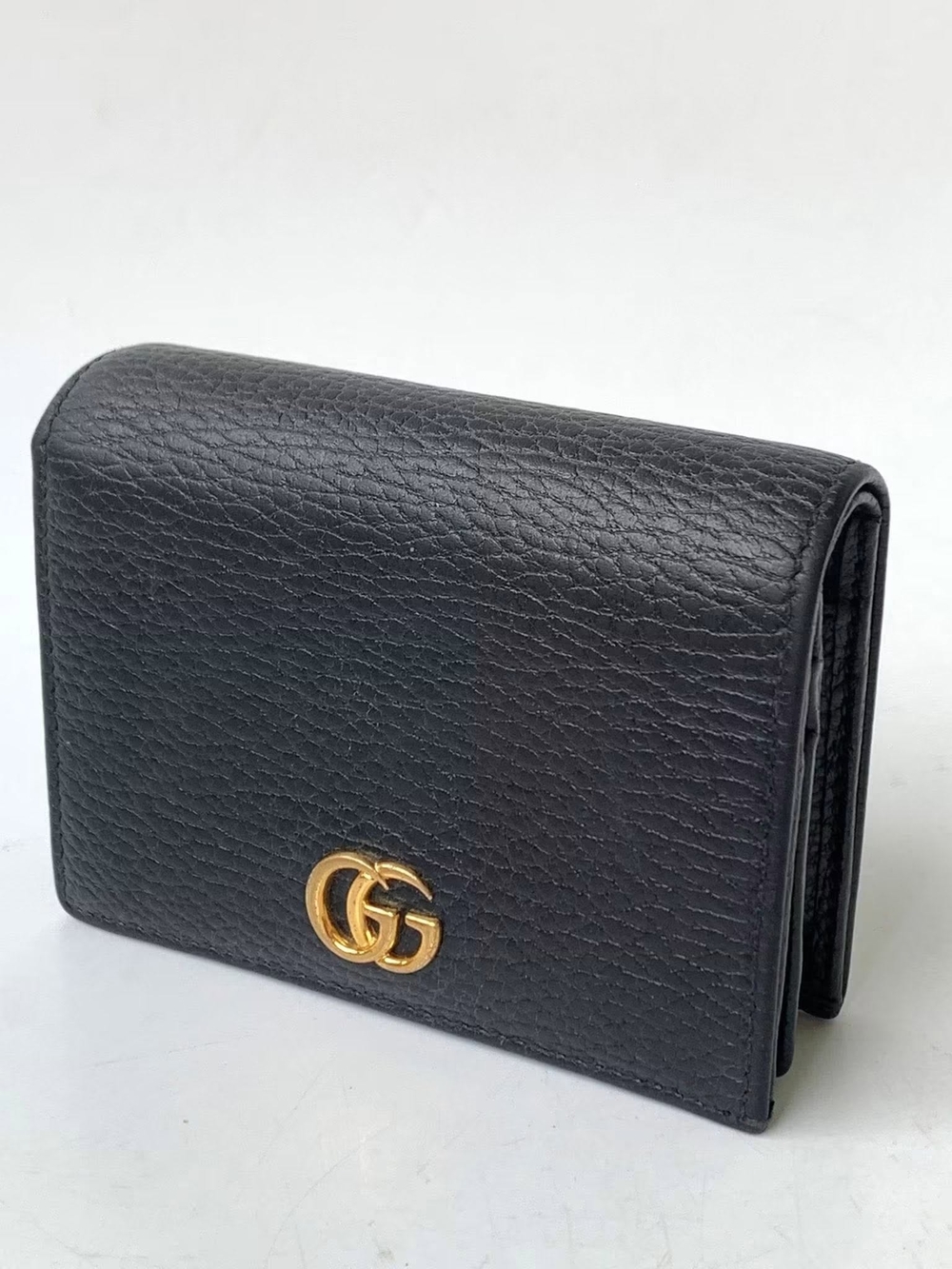 Gucci Black Leather Compact Wallet with Gold GG Logo